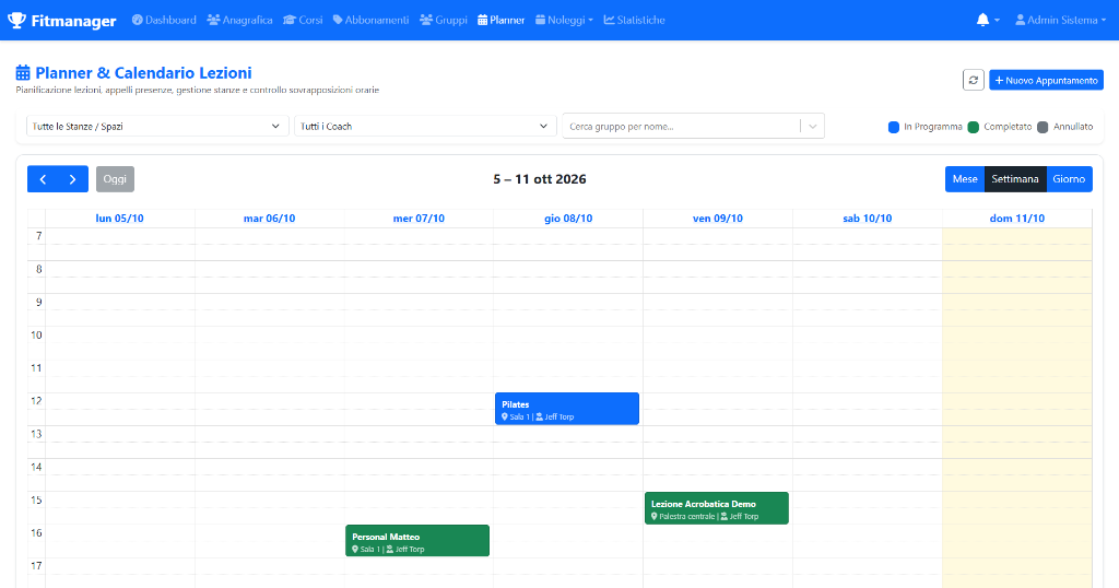 Anteprima reale dell'interfaccia Planner e Calendario Lezioni Fitmanager